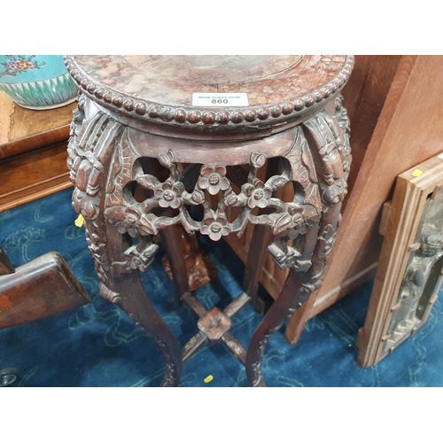 860 - A Chinese hardwood Jardiniere Stand with inset marble top surrounded by a beaded edge, the shaped su... 