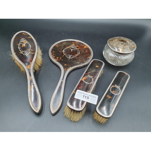 115 - A George V silver and tortoiseshell mounted five piece Dressing Table Set, Birmingham 1923/8, etc, A... 