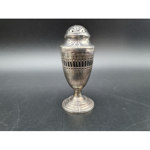 119 - A George III silver urn shape Pepperette, London 1801, a Spirit Flask Base, Sheffield 1912, an embos... 