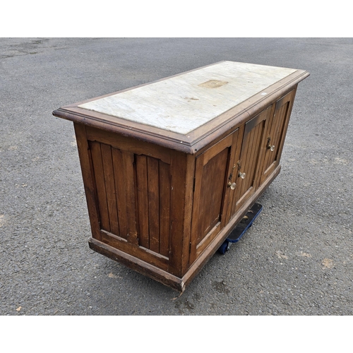 15 - A Victorian marble topped Cupboard with mahogany top and pine base fitted three doors on plinth base... 