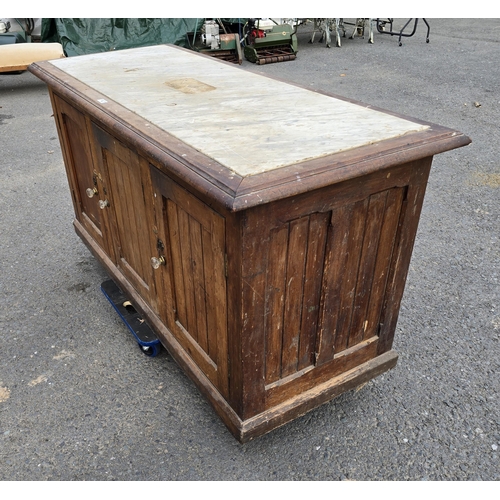 15 - A Victorian marble topped Cupboard with mahogany top and pine base fitted three doors on plinth base... 