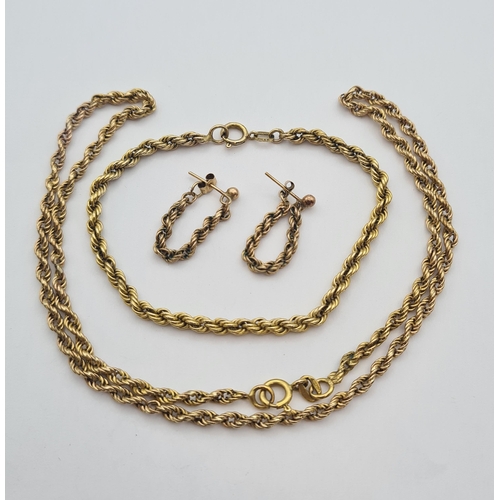 182 - A 9ct gold rope twist Necklace, Bracelet and Earrings, approx 11.2gms