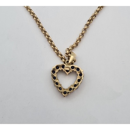 183 - A Sapphire heart shaped Pendant peg-set round stones in 9ct gold on 9ct gold fine belcher chain, app... 