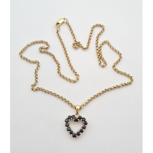 183 - A Sapphire heart shaped Pendant peg-set round stones in 9ct gold on 9ct gold fine belcher chain, app... 