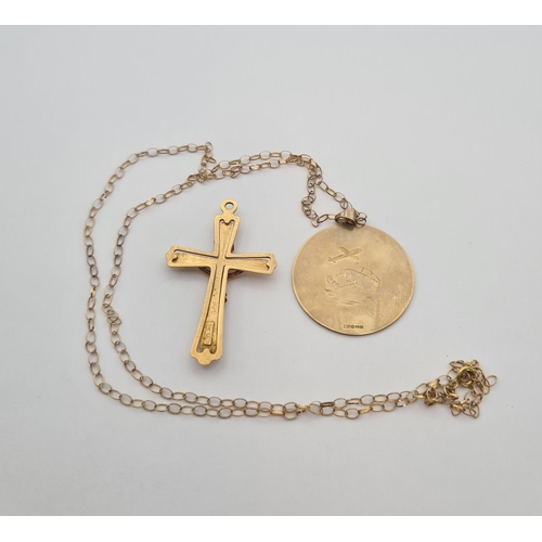 184 - A 9ct gold St Christopher Medal on chain, approx 4.60gms and an 18ct gold Crucifix, approx 2.50gms