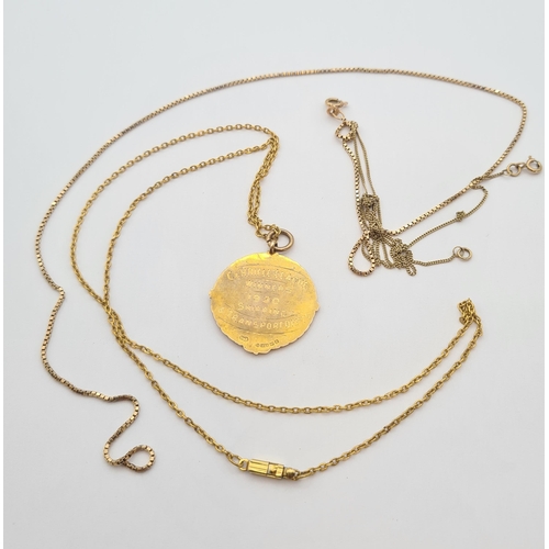 187 - A 9ct gold engraved Medal on gilt metal Chain and two other Chains A/F. approx 12gms