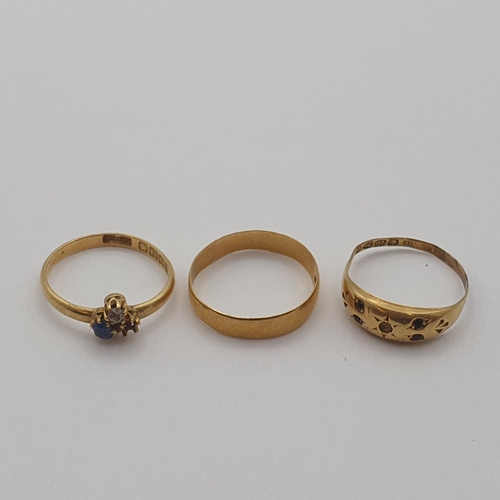 188 - A 22ct gold Wedding Band approx 2.20gms, two 18ct gold Rings, stones deficient, approx 4gms