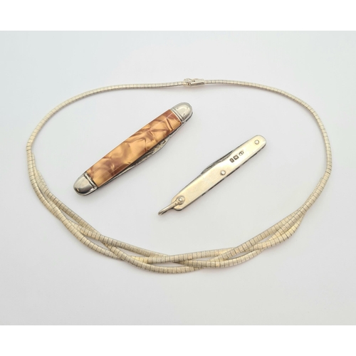 191 - A silver Collarette Necklace with woven front, a silver folding Fruit Knife and Another