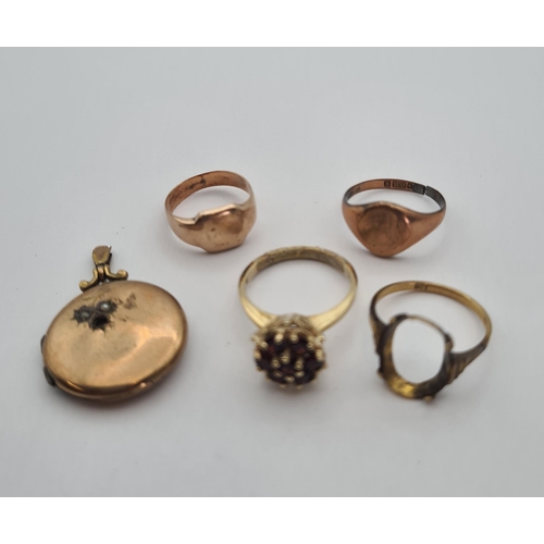 195 - A Garnet Cluster Ring, two Signet Rings, Ring A/F, a circular Locket A/F, all 9ct gold, approx 13.90... 