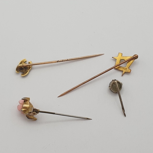 199 - Two 9ct Gold Stick Pins (2.7gms), a broken green stone (chrysoberyl?) Stick Pin and part of a vintag... 