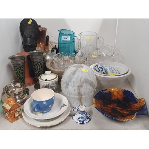 254 - An African carved head, a Doulton Lambeth stoneware Harvest Coffee Pot, a blue glass Jug, a pair of ... 