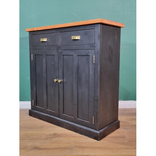 26 - A modern black painted oak  topped Cabinet fitted two frieze drawers and pair of cupboard doors 3ft ... 