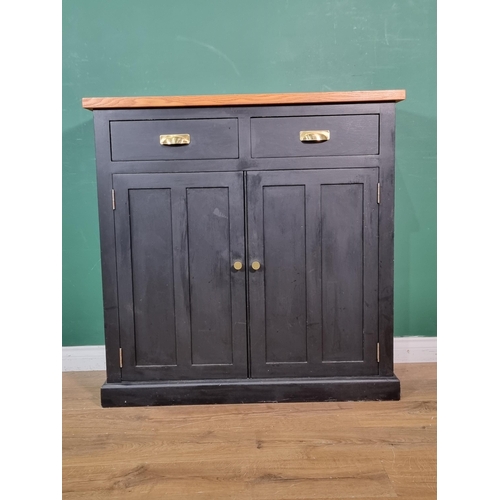 26 - A modern black painted oak  topped Cabinet fitted two frieze drawers and pair of cupboard doors 3ft ... 