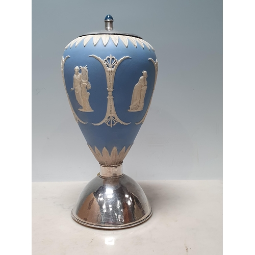 267 - A Jasperware Urn with white metal cover and base, with design of classical figures, 10in H, (R4)