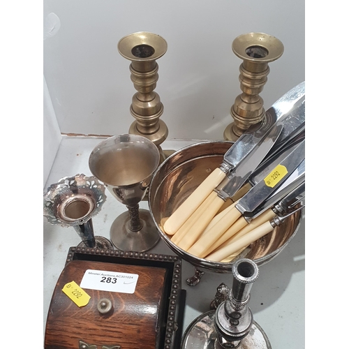 283 - A quantity of plated Cutlery, an oak Cigarette Dispenser, a small glass panelled Jewellery Casket, a... 