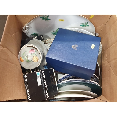 286 - Three boxes containing blue and white glass Pyrex Bowls, assorted tea and tableware, various Plates,... 