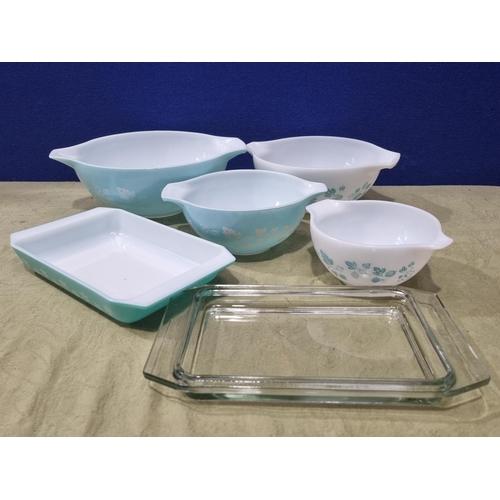 286 - Three boxes containing blue and white glass Pyrex Bowls, assorted tea and tableware, various Plates,... 