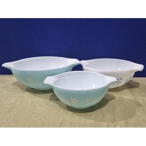 286 - Three boxes containing blue and white glass Pyrex Bowls, assorted tea and tableware, various Plates,... 