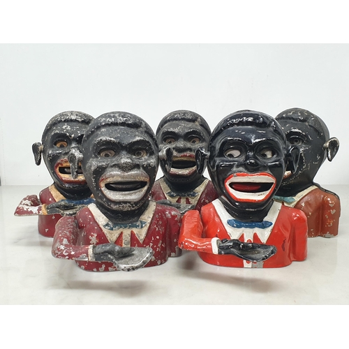 30 - Five Starkies patent , figural character Money Banks with red jackets and wearing bow ties