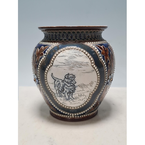 308 - A Doulton Lambeth Hannah Barlow Vase with panels depicting various breeds of dogs, inscribed HB to b... 