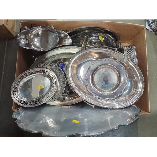 310 - Two boxes of plated items including a Salver, Dishes, a Sardine Dish, cover and liner, and a small s... 