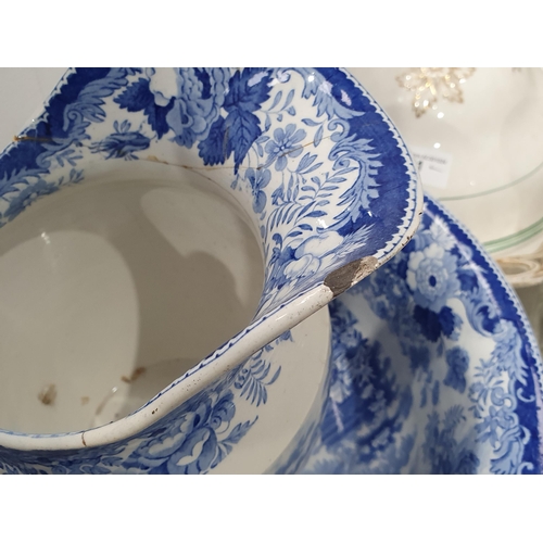 311 - A blue and white Jug and Bowl, a Tureen and Cover and matching Comport, a Spode Dish and Cover and a... 