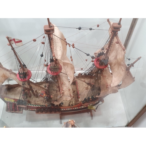 315 - Three models of masted vessels, two with glass cases, (R4)