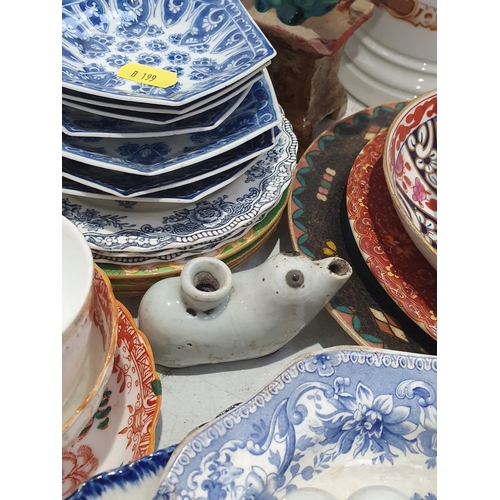 322 - A collection of Chinese porcelain including blue and white Saucers, a dragon Inkwell, Brush Washers,... 