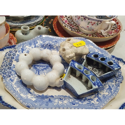 322 - A collection of Chinese porcelain including blue and white Saucers, a dragon Inkwell, Brush Washers,... 