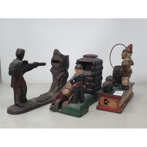 33 - Three Money Boxes, trick Dog, Artillery Bank and Keeper's bank, a figure holding  a shotgun