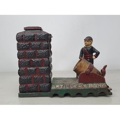 33 - Three Money Boxes, trick Dog, Artillery Bank and Keeper's bank, a figure holding  a shotgun