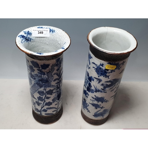 349 - Two antique Chinese blue and white crackleware cylindrical Vases A/F 12in H (R4)