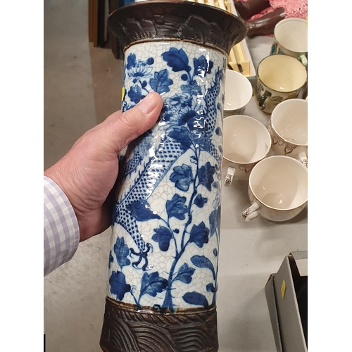 349 - Two antique Chinese blue and white crackleware cylindrical Vases A/F 12in H (R4)