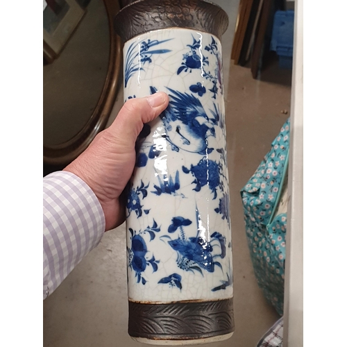 349 - Two antique Chinese blue and white crackleware cylindrical Vases A/F 12in H (R4)