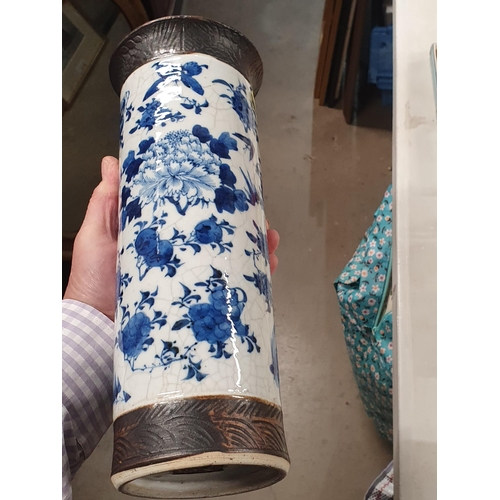 349 - Two antique Chinese blue and white crackleware cylindrical Vases A/F 12in H (R4)