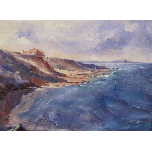 375 - KEITH WRAGG. The Northumbrian Coast, signed, oil on canvas, unstretched, 14 x 18 in; a watercolour d... 