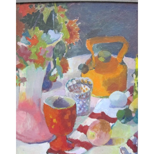 376 - DIANA SILVESTER ARWA. 'Orange Kettle', oil on board, 15 x 12 1/2 in; an unframed oil on canvas by an... 