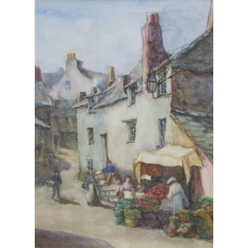 389 - TOM CLOUGH. A Street scene with Figures by a vegetable stall, signed, watercolour, 13 x 10 in; and a... 