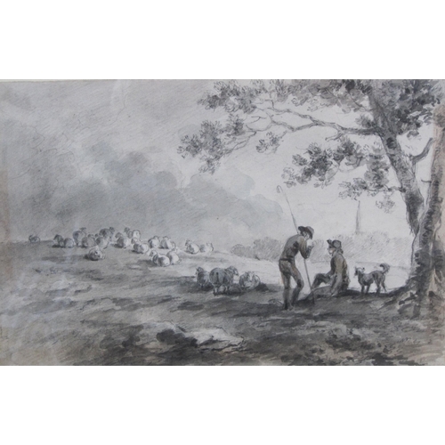 391 - SAWREY GILPIN.RA  Figures and Sheep in a Landscape, grey wash, 5 1/2 x 9 1/2 in. Provenance: Bruce I... 