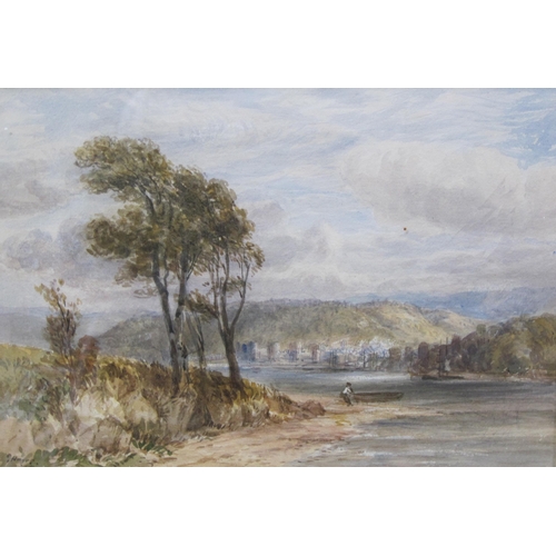 392 - GEORGE HYDE. A River Landscape with Boatman in the foreground, and town buildings in the distance, s... 