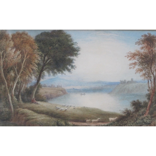 392 - GEORGE HYDE. A River Landscape with Boatman in the foreground, and town buildings in the distance, s... 