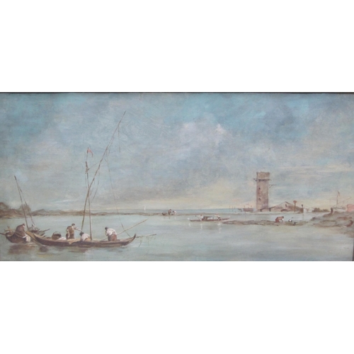 396 - ROSEMARY DE LAZLO (AFTER GUARDI) Venetian view with the Tower of Marghera, oil on canvas, 8 x 15 1/2... 