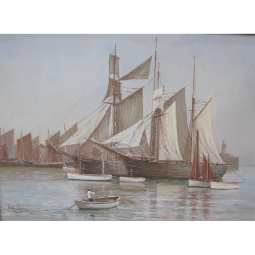 397 - RODNEY CHARMAN. Shipping in a Harbour, signed, oil on canvas, 18 x 24 in; a nineteenth century  embr... 