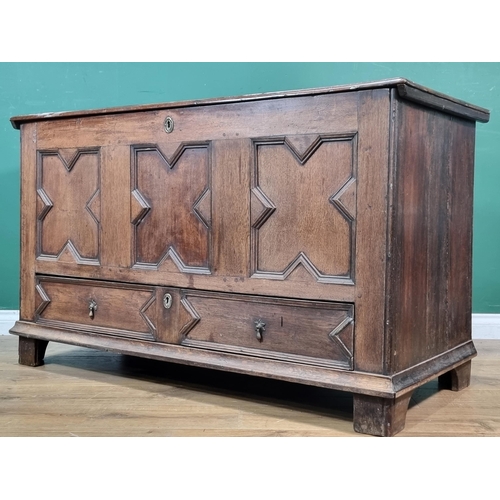 427 - An antique oak Mule Chest with geometric moulded front fitted two drawers (top loose) 4ft 4in W x 2f... 