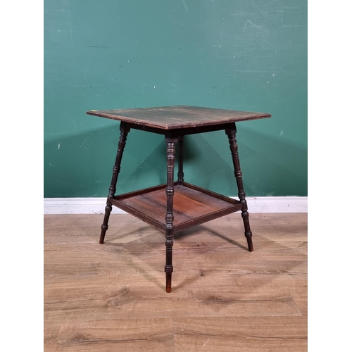 429 - A mahogany two tier Occasional Table on turned supports labelled 'druce & Co' 2ft 2in H x 1ft 11in W... 