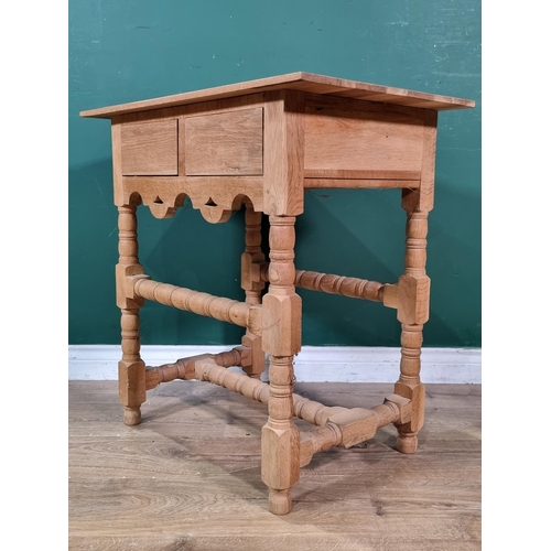 432 - A pale oak Side Table, fitted two frieze drawers, on bobbin turned squared supports and stretchers, ... 