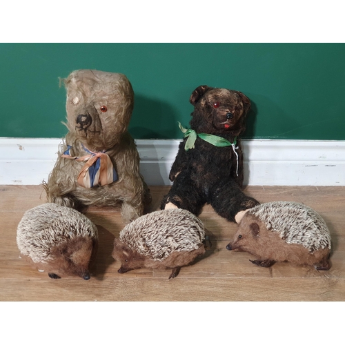 457 - An old toy Dog, A/F, an old play worn Teddy Bear and three models of Hedgehogs, (R3)