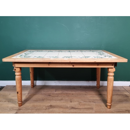 482 - A pine tile top Kitchen Table on turned supports 5ft 3in W x 2ft 6in H (R5)