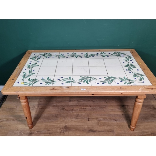 482 - A pine tile top Kitchen Table on turned supports 5ft 3in W x 2ft 6in H (R5)