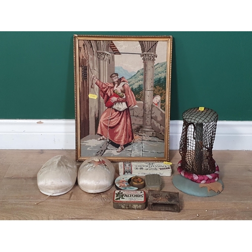 490 - A Wig Stand, various Advertising Tins, a silk Egg A/F and a tapestry Panel (R5)